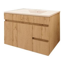 Mueble + lavabo albuera 80x45 cm roble natural mate 2 cajones y puertas suspendi