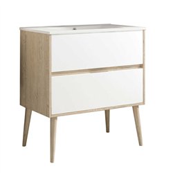Mueble + lavabo dulla 80x45 cm roble y blanco mate 2 cajones suspendido patas