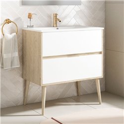 Mueble + lavabo dulla 80x45 cm roble y blanco mate 2 cajones suspendido patas