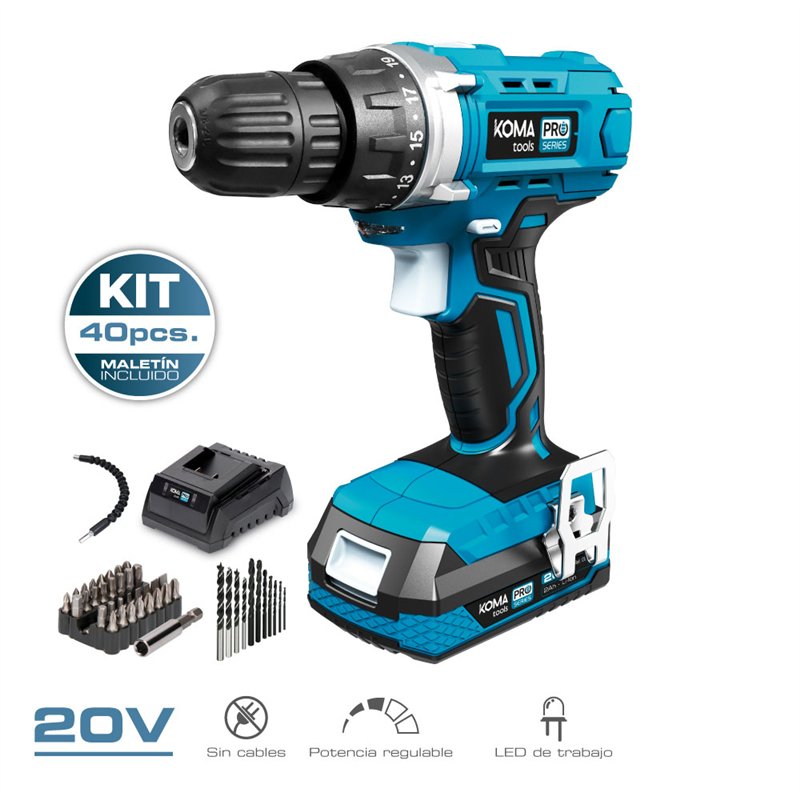 Kit maletin taladro atornillador 20 v 40 accesorios bat/car