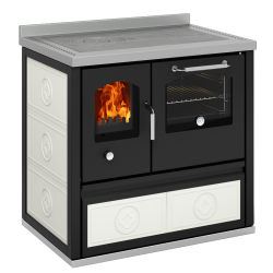 Cocina de leña en color cerámica con horno y puertas negras serie eco modelo e90